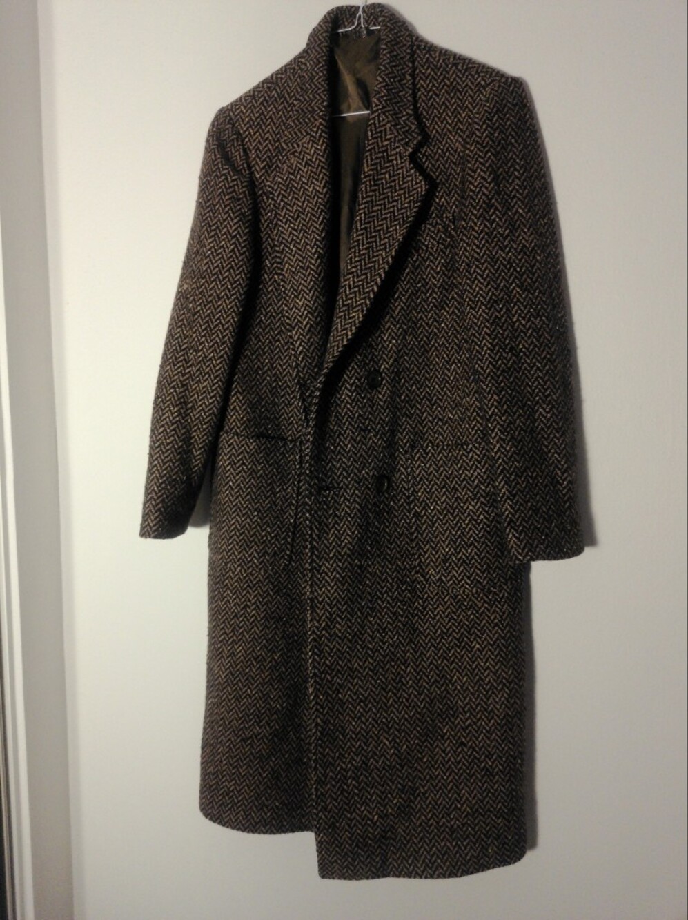 Vintage American Male Herringbone Tweed Long Overcoat Men’s 38 Brown